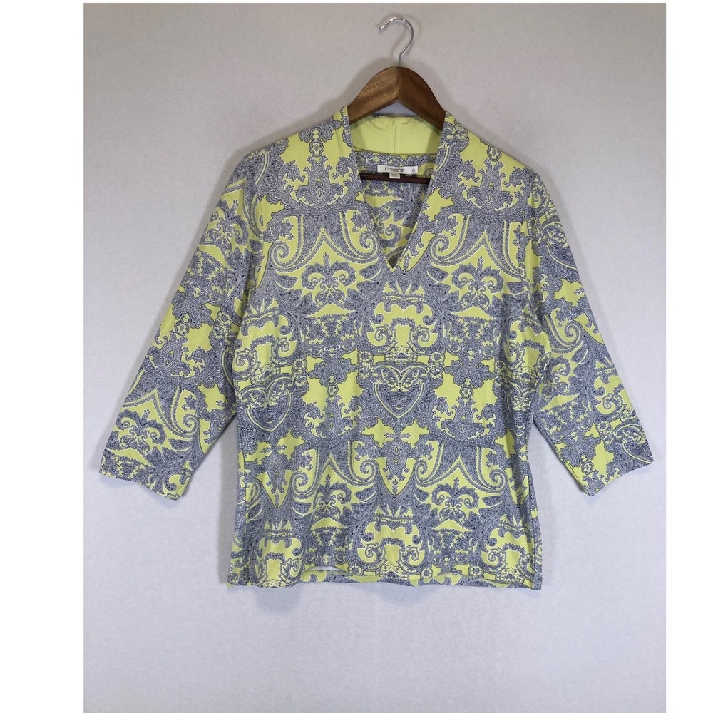 Boho Chic Chico's Women Size Large Lime Green Paisley‎ 3/4 Sleeve V-Neck Tunic